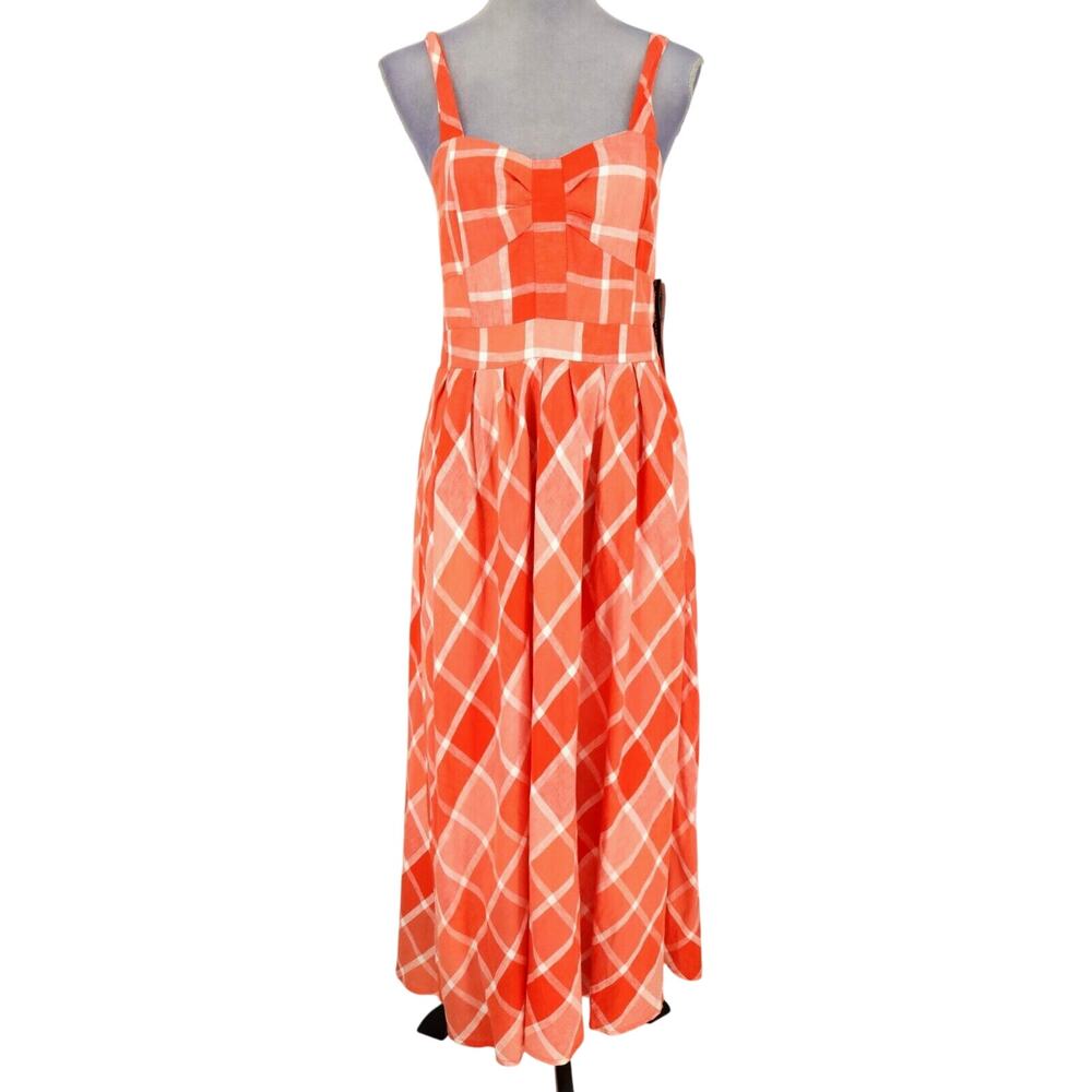Nina Leonard Lennie Dress Womens 6 Orange White Plaid Maxi Linen Blend New